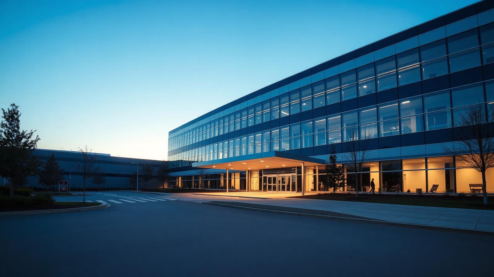 Modern hospital building at dusk